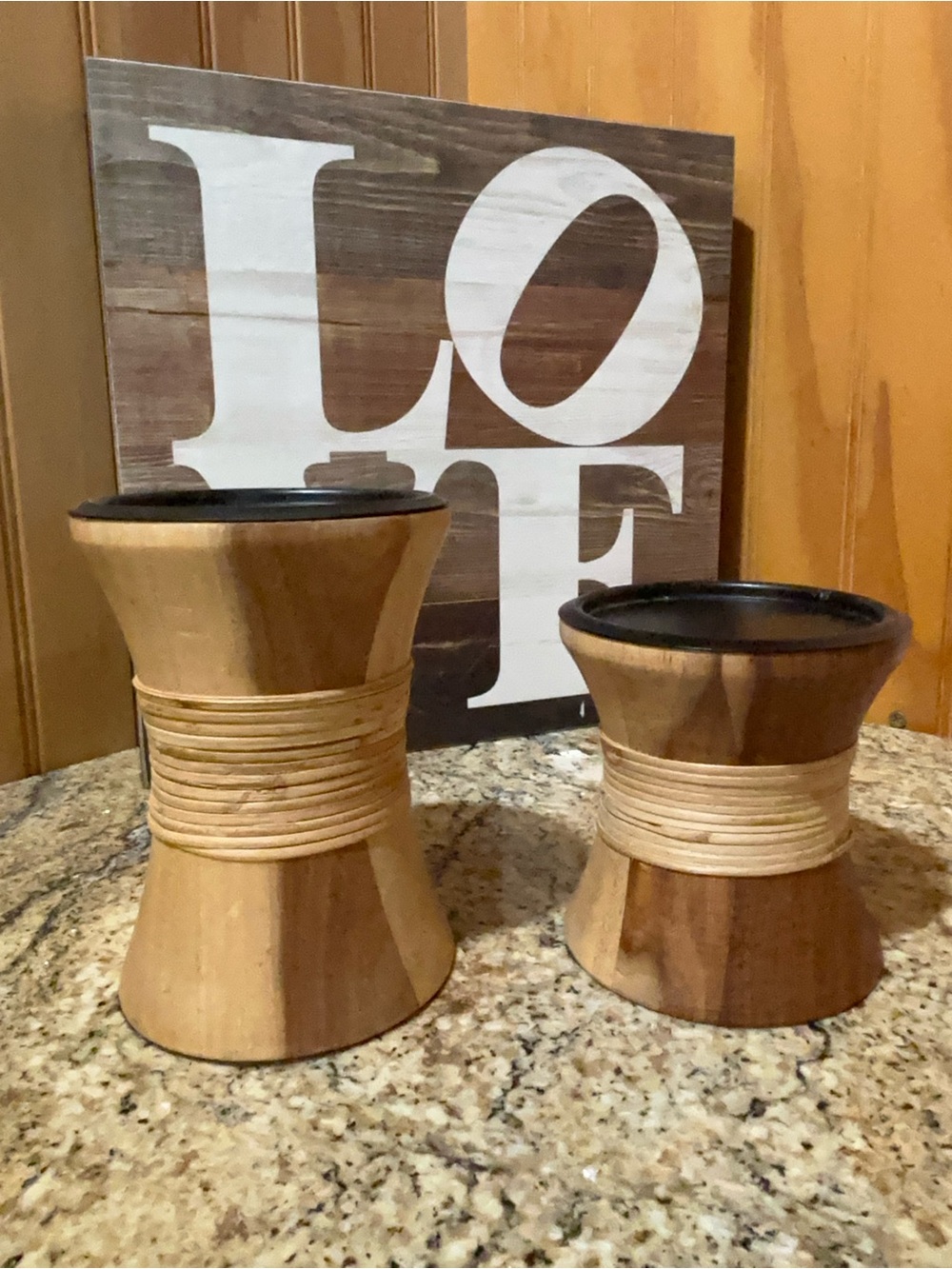 Natural Wood  Candle Holders Wrapped Rattan Accent  Set of 2